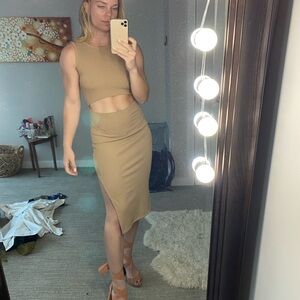 Tan Cut-Out Midi Dress